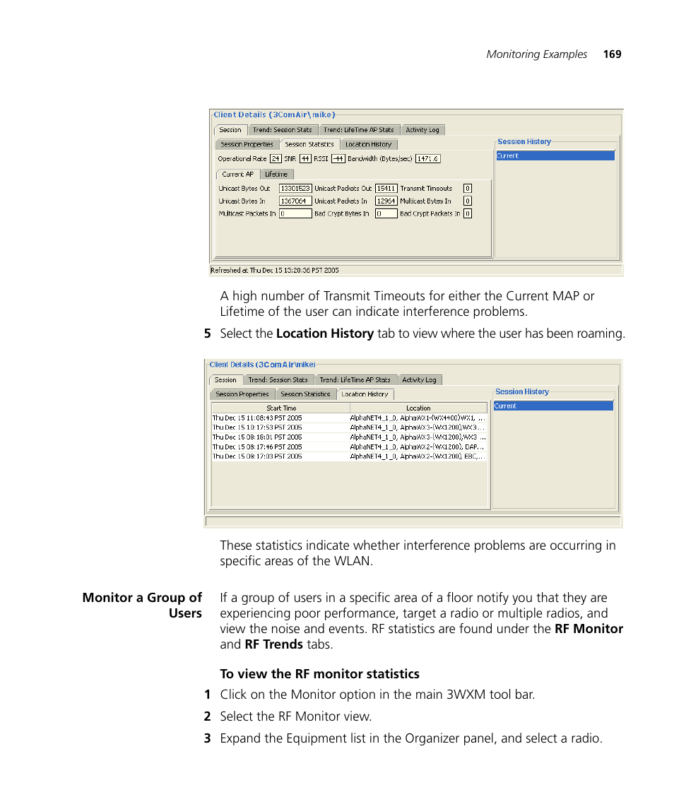 Monitor a group of users, To view the rf monitor statistics | 3Com Wireless LAN Controller WX2200 User Manual | Page 169 / 204