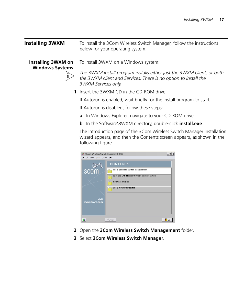 Installing 3wxm, Installing 3wxm on windows systems | 3Com Wireless LAN Controller WX2200 User Manual | Page 17 / 204
