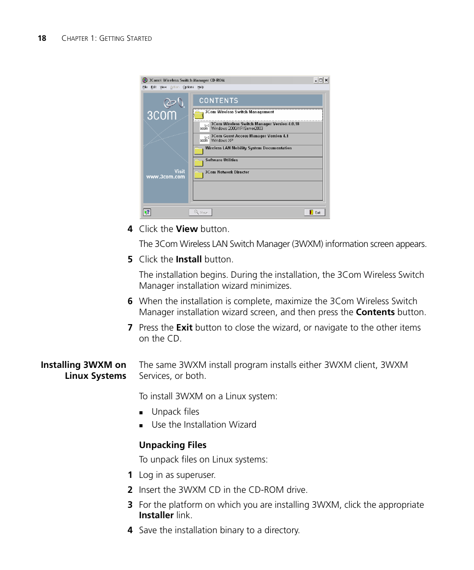 Installing 3wxm on linux systems, Unpacking files | 3Com Wireless LAN Controller WX2200 User Manual | Page 18 / 204