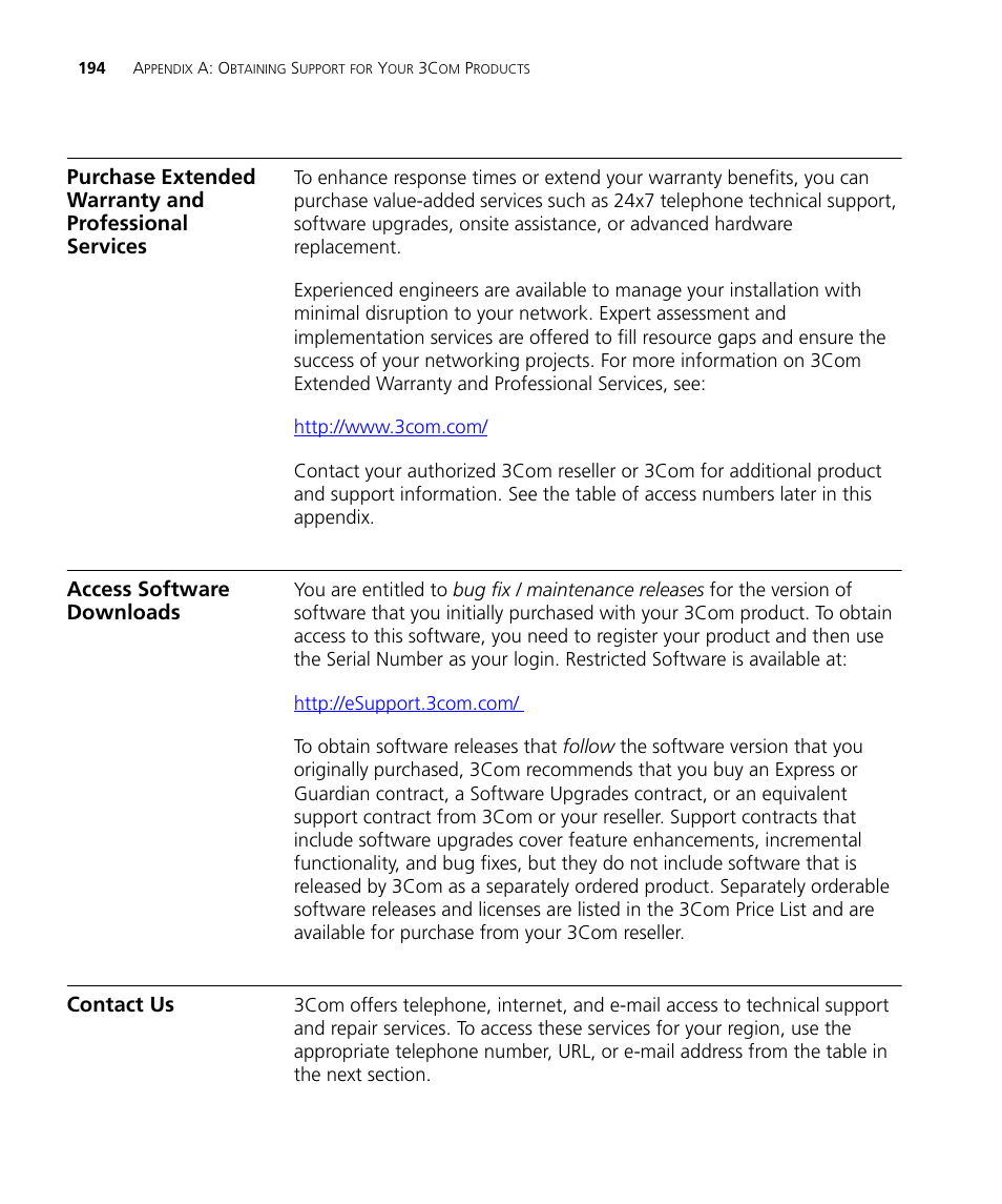 Access software downloads, Contact us | 3Com Wireless LAN Controller WX2200 User Manual | Page 194 / 204