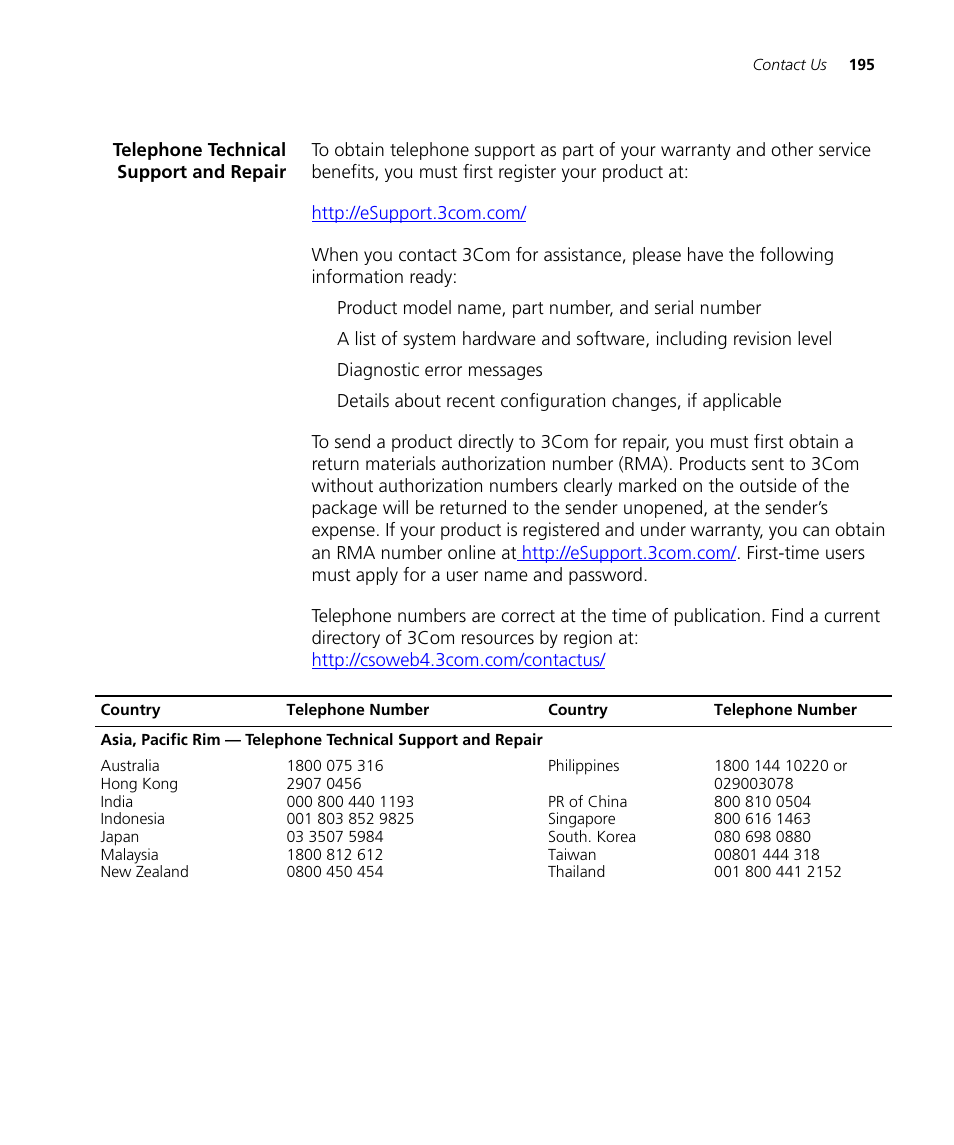 Telephone technical support and repair | 3Com Wireless LAN Controller WX2200 User Manual | Page 195 / 204