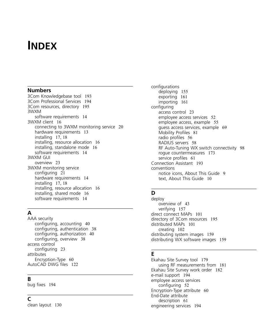 Index, Ndex, Numbers | 3Com Wireless LAN Controller WX2200 User Manual | Page 199 / 204