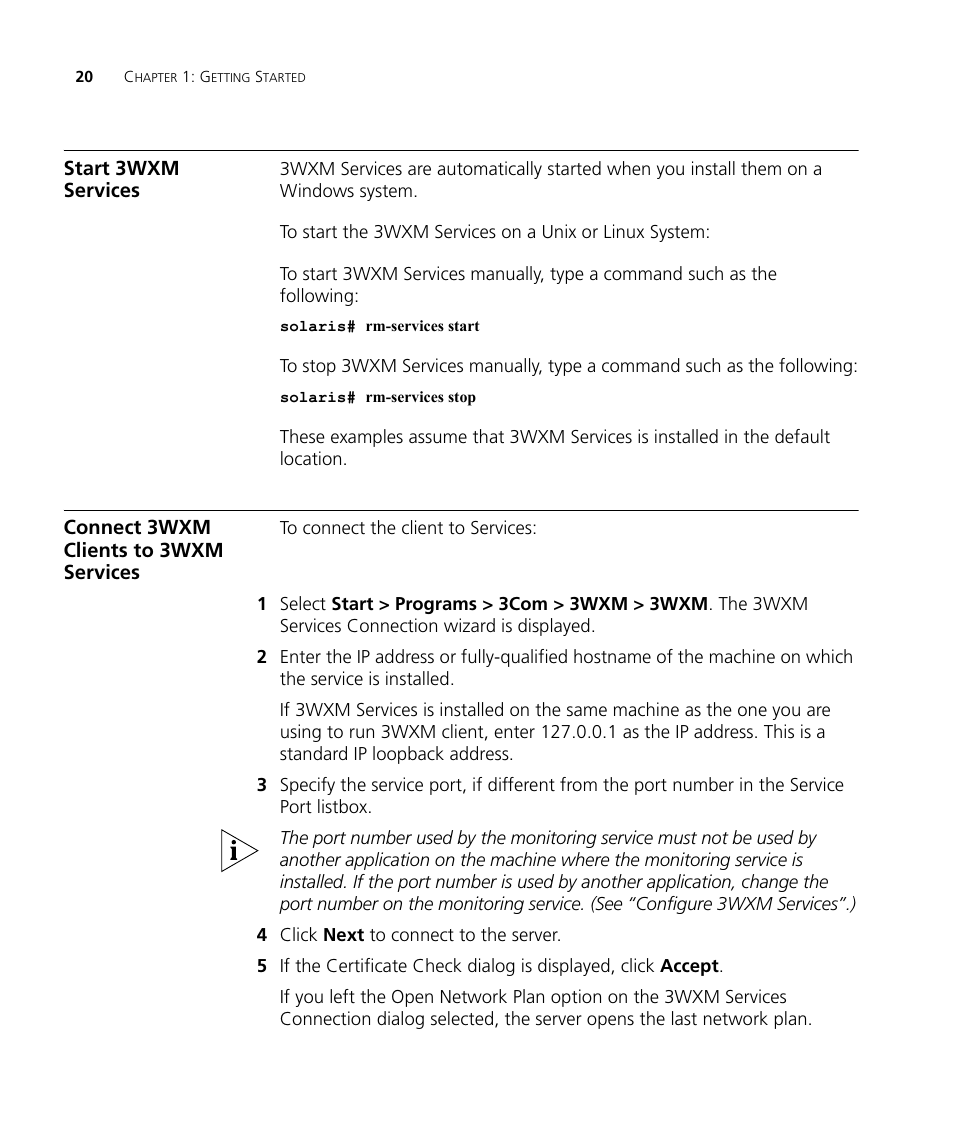 Start 3wxm services, Connect 3wxm clients to 3wxm services | 3Com Wireless LAN Controller WX2200 User Manual | Page 20 / 204