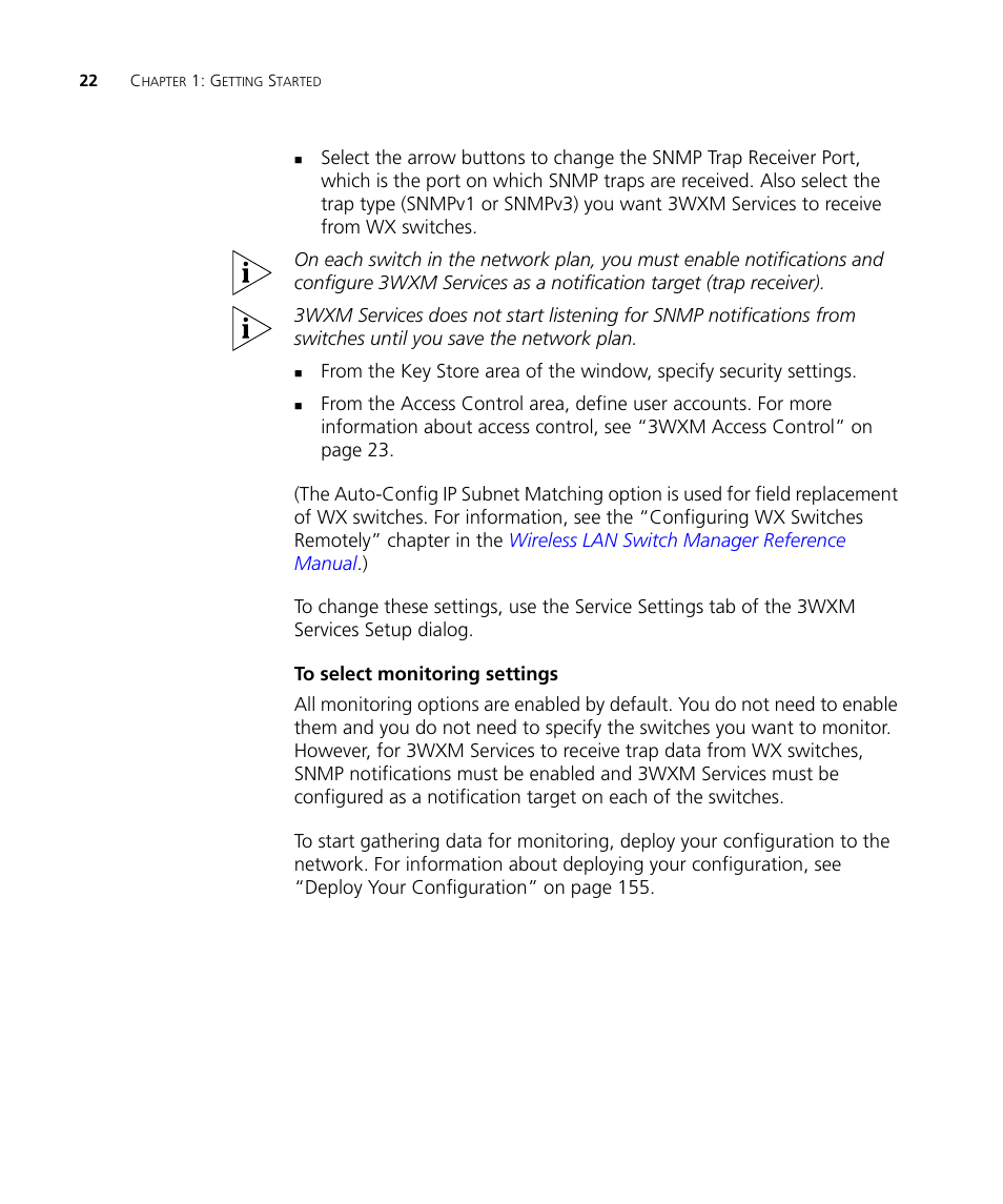 To select monitoring settings | 3Com Wireless LAN Controller WX2200 User Manual | Page 22 / 204