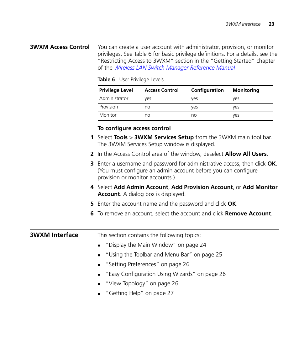 3wxm access control, To configure access control, 3wxm interface | 3Com Wireless LAN Controller WX2200 User Manual | Page 23 / 204