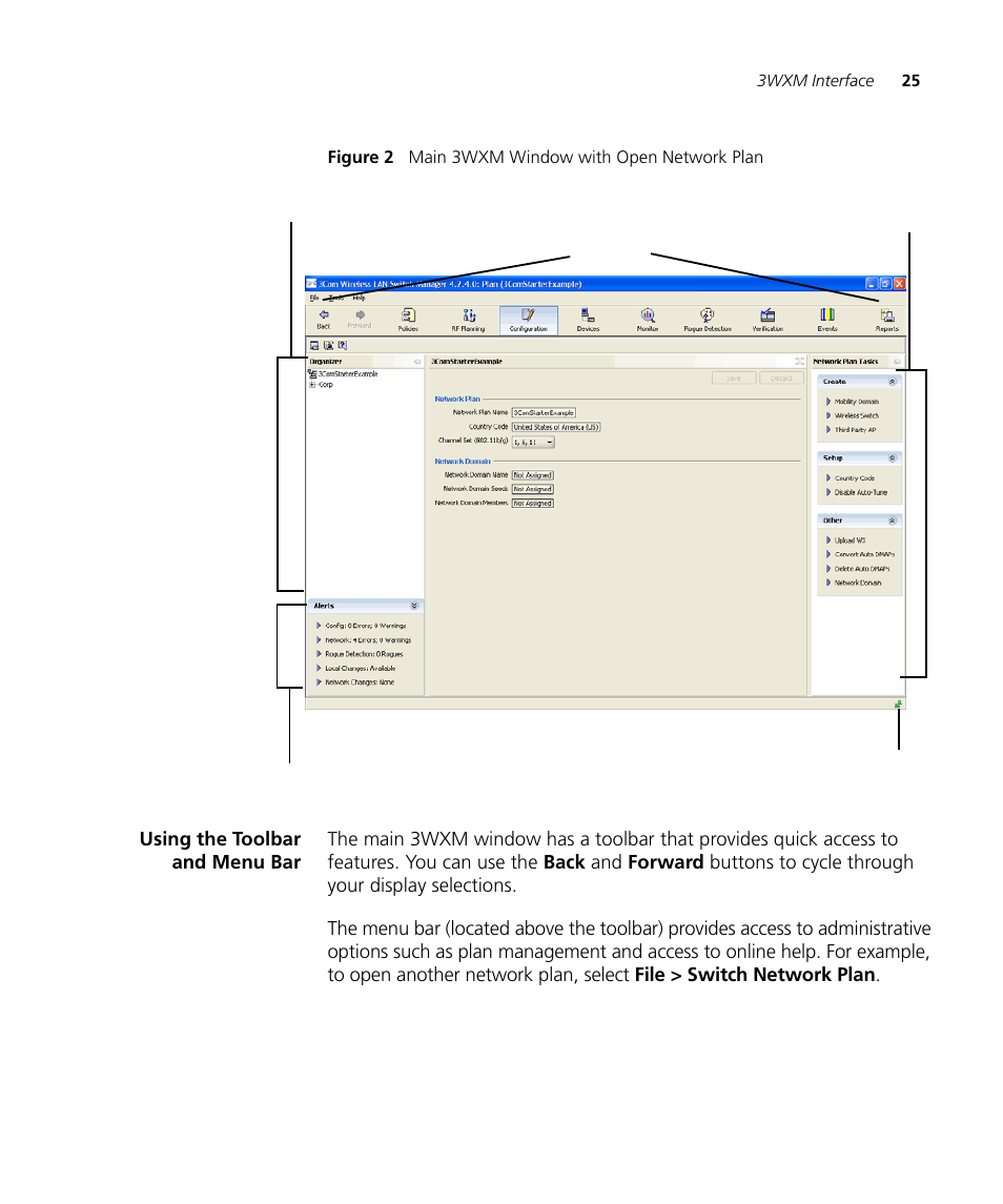 Using the toolbar and menu bar | 3Com Wireless LAN Controller WX2200 User Manual | Page 25 / 204