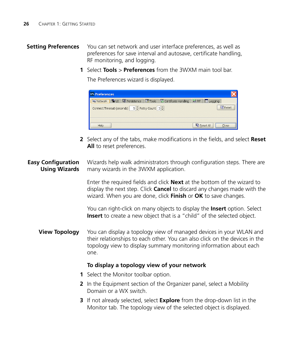 Setting preferences, Easy configuration using wizards, View topology | To display a topology view of your network | 3Com Wireless LAN Controller WX2200 User Manual | Page 26 / 204