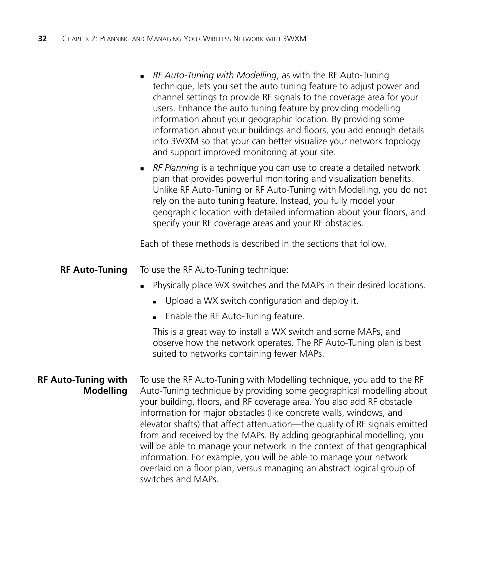 Rf auto-tuning, Rf auto-tuning with modelling, Upload a wx switch configuration and deploy it | 3Com Wireless LAN Controller WX2200 User Manual | Page 32 / 204