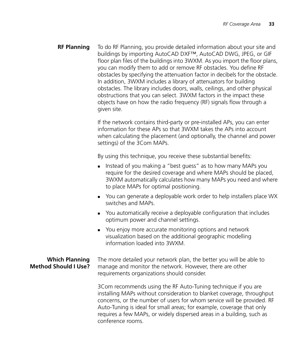 Rf planning, Which planning method should i use | 3Com Wireless LAN Controller WX2200 User Manual | Page 33 / 204