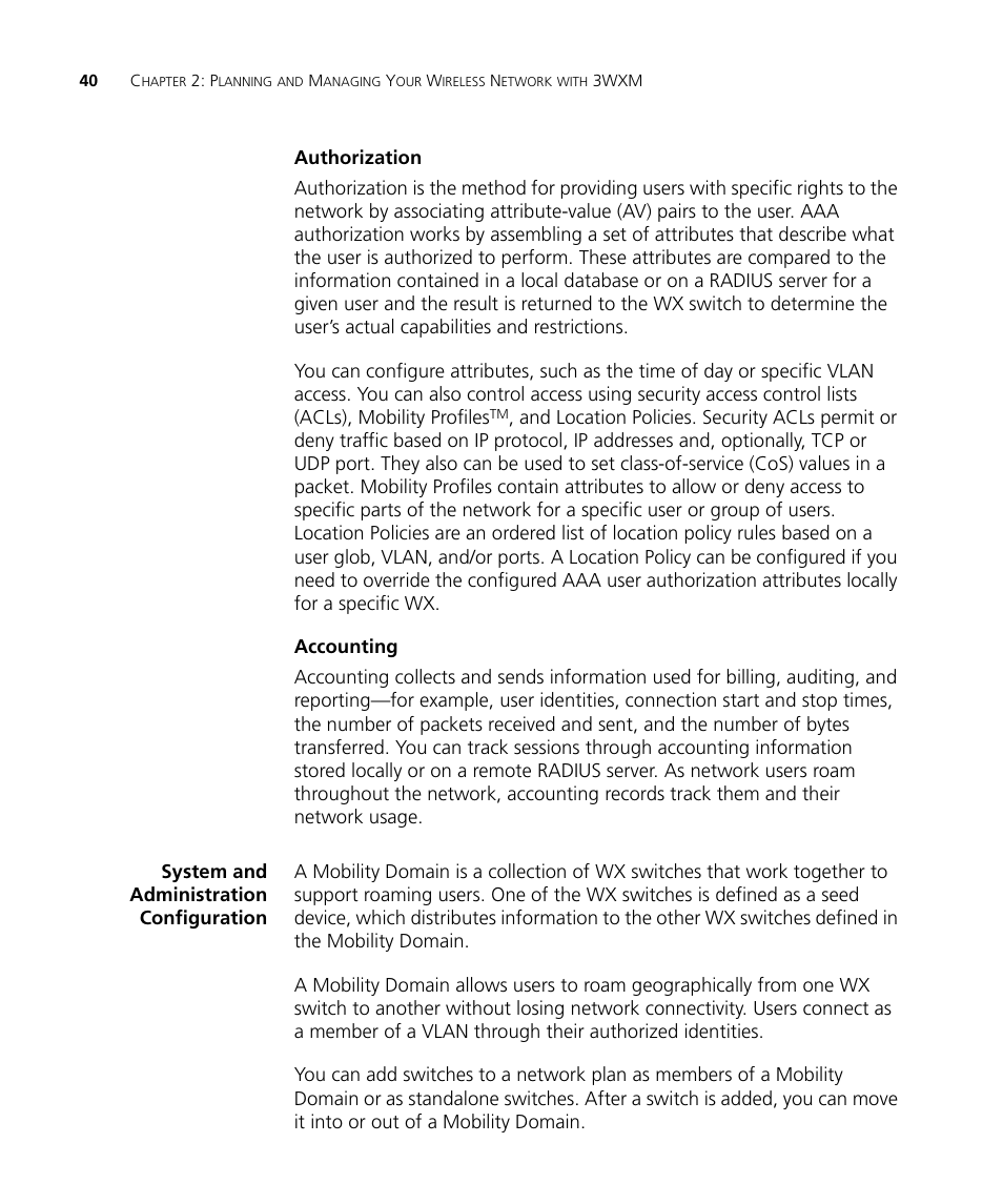Authorization, Accounting, System and administration configuration | 3Com Wireless LAN Controller WX2200 User Manual | Page 40 / 204