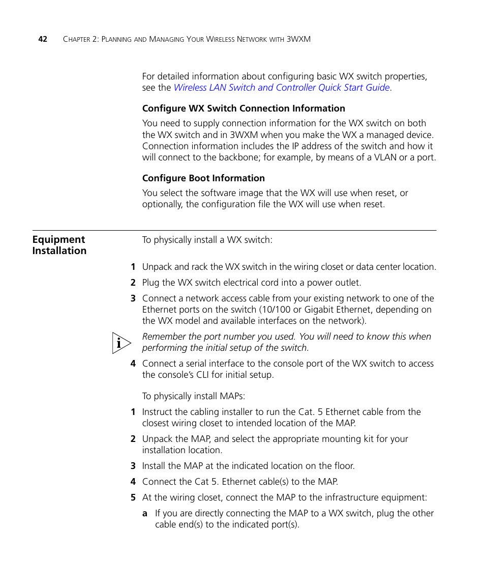 Configure wx switch connection information, Configure boot information, Equipment installation | 3Com Wireless LAN Controller WX2200 User Manual | Page 42 / 204
