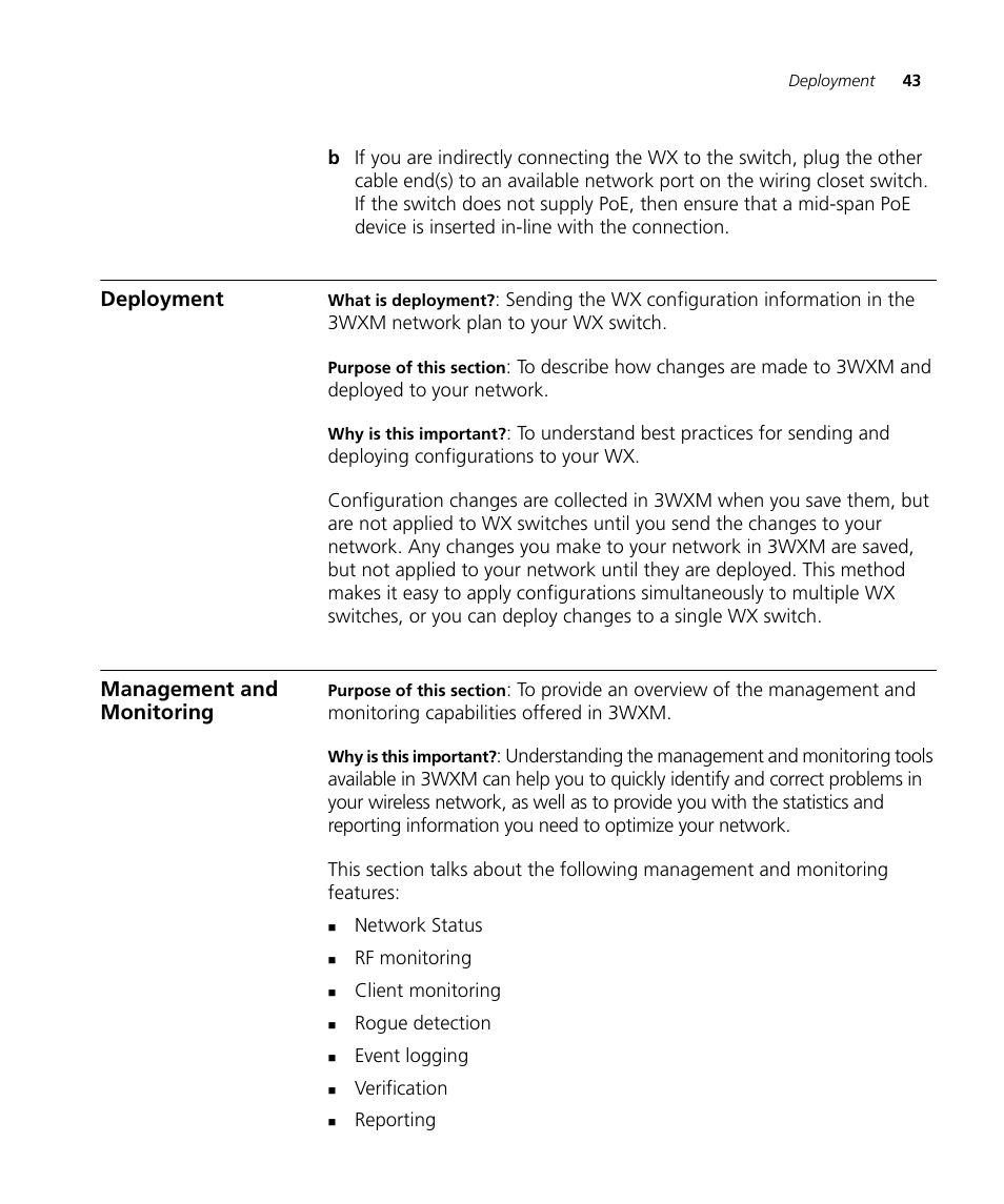 Deployment, Management and monitoring | 3Com Wireless LAN Controller WX2200 User Manual | Page 43 / 204
