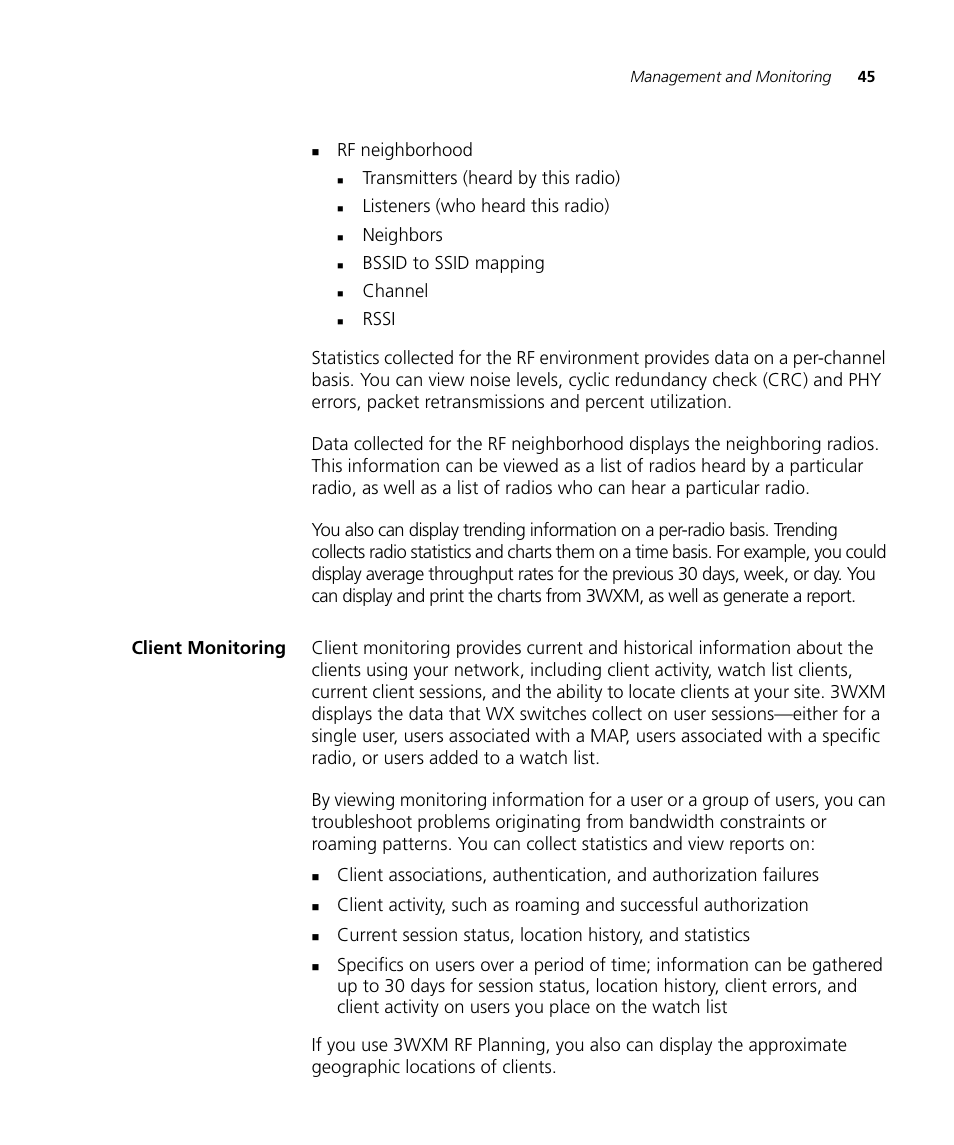 Client monitoring | 3Com Wireless LAN Controller WX2200 User Manual | Page 45 / 204