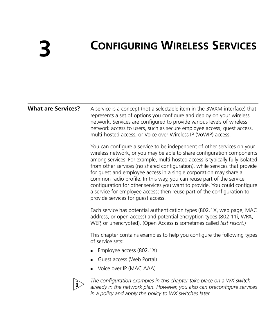 Configuring wireless services, What are services, Onfiguring | Ireless, Ervices | 3Com Wireless LAN Controller WX2200 User Manual | Page 51 / 204