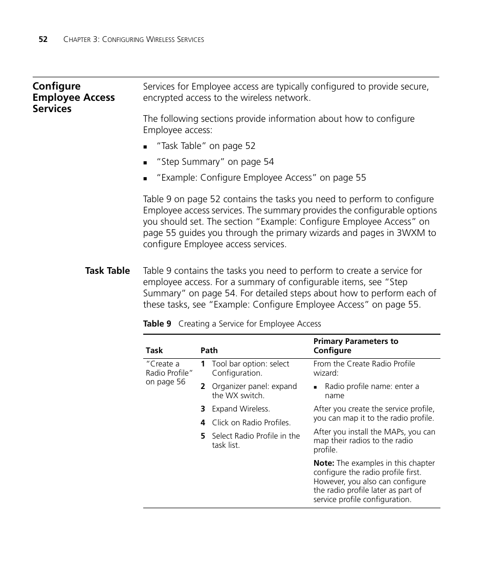 Configure employee access services, Task table | 3Com Wireless LAN Controller WX2200 User Manual | Page 52 / 204
