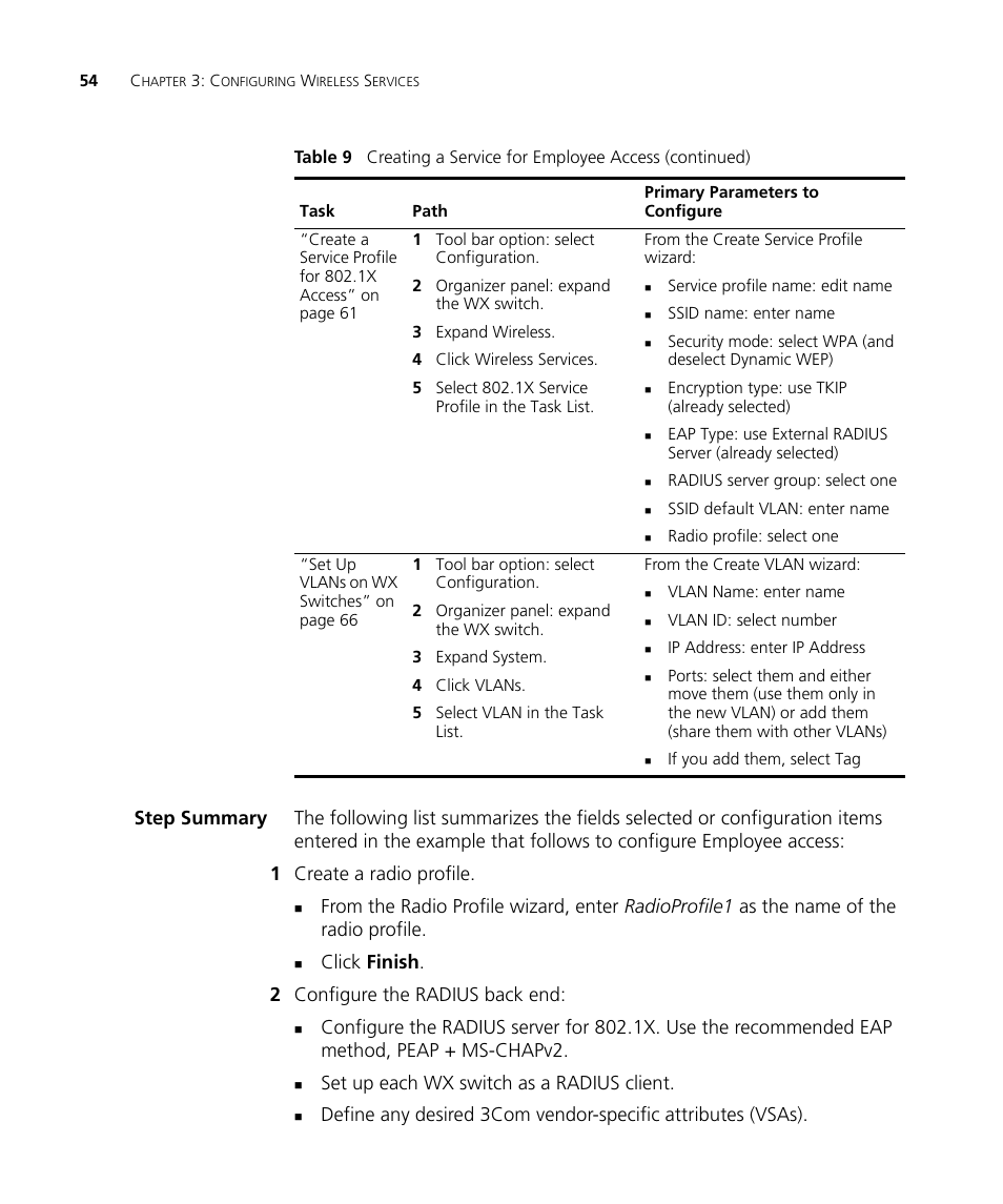 Step summary, Click finish . 2 configure the radius back end, Set up each wx switch as a radius client | 3Com Wireless LAN Controller WX2200 User Manual | Page 54 / 204