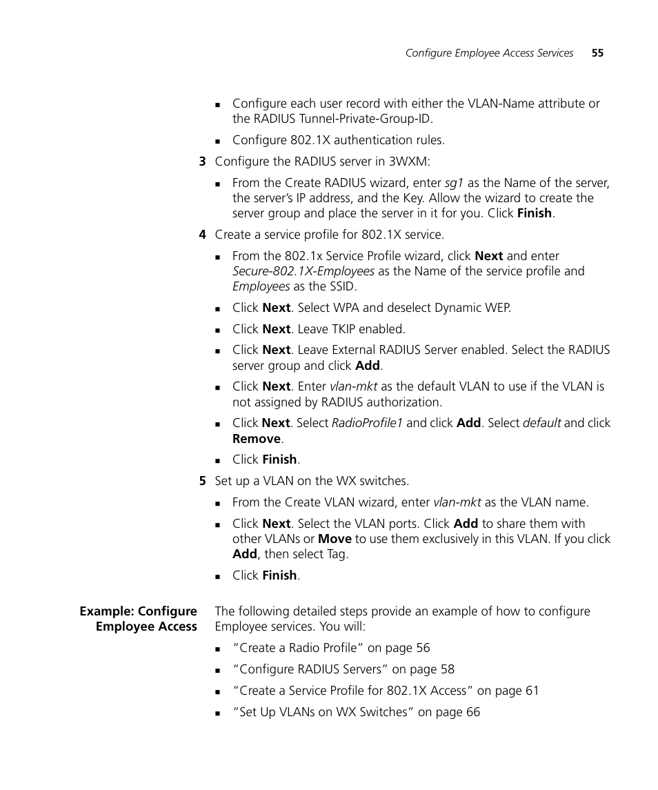 Example: configure employee access | 3Com Wireless LAN Controller WX2200 User Manual | Page 55 / 204