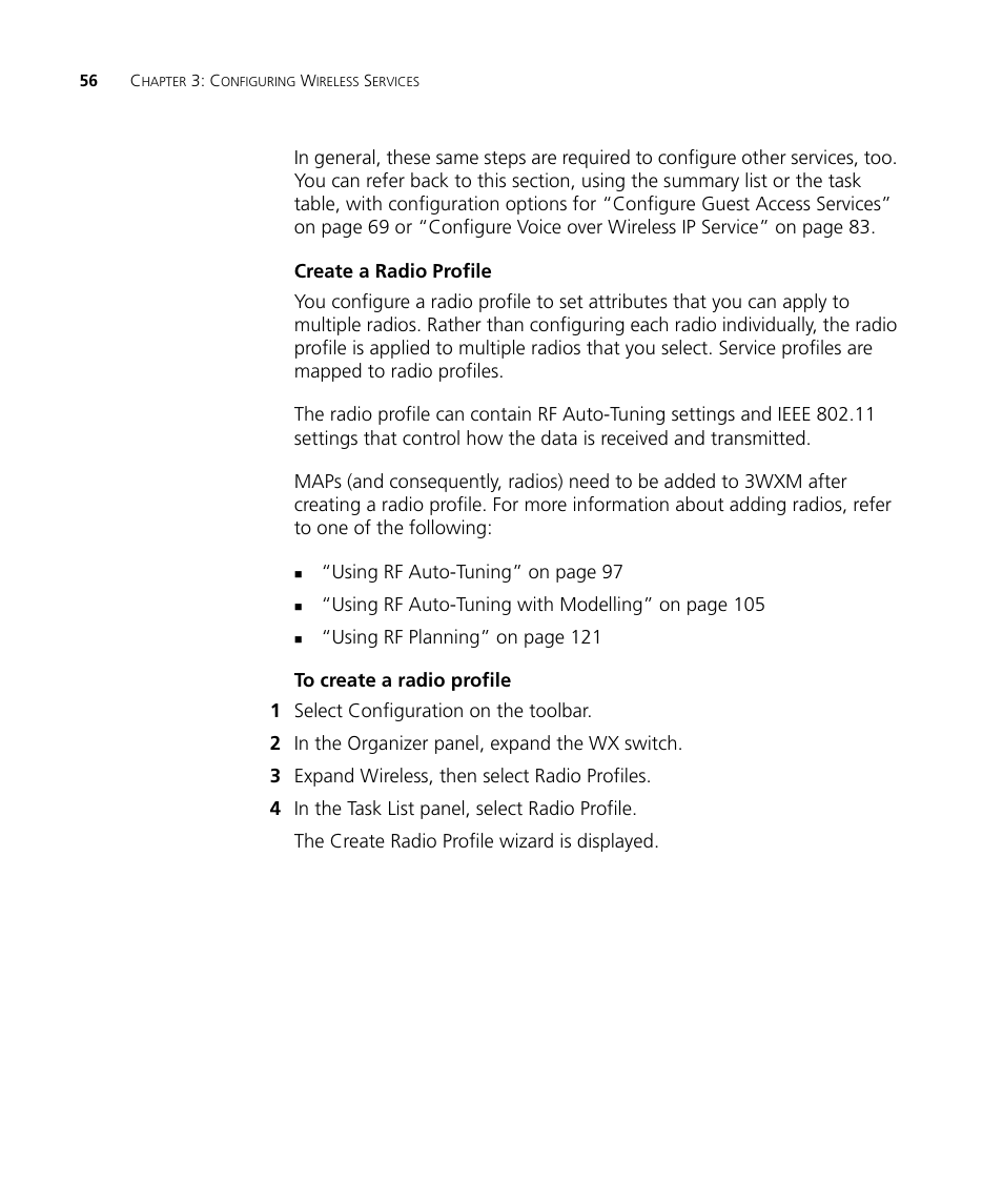 Create a radio profile, To create a radio profile | 3Com Wireless LAN Controller WX2200 User Manual | Page 56 / 204
