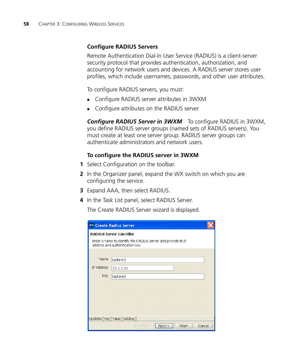 Configure radius servers, To configure the radius server in 3wxm | 3Com Wireless LAN Controller WX2200 User Manual | Page 58 / 204