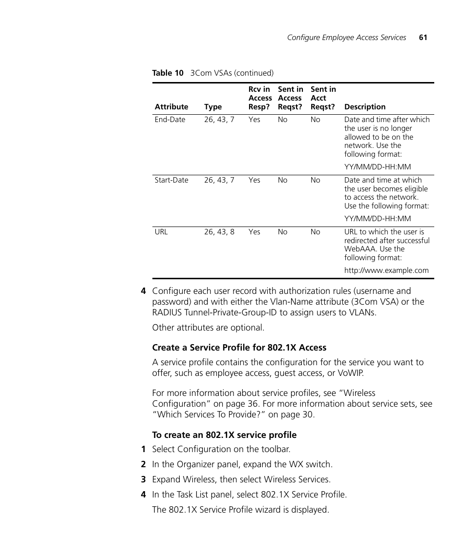 Create a service profile for 802.1x access, To create an 802.1x service profile | 3Com Wireless LAN Controller WX2200 User Manual | Page 61 / 204