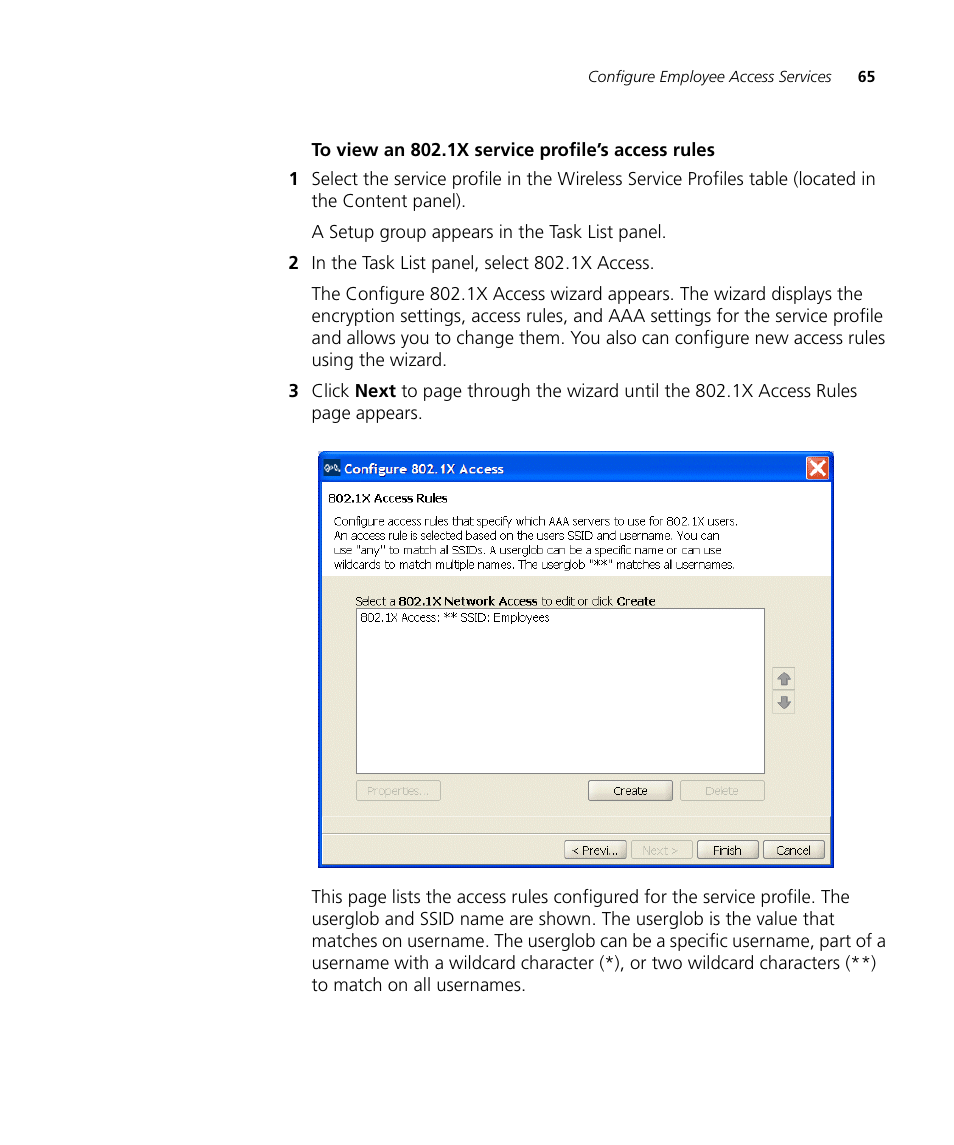 To view an 802.1x service profile’s access rules | 3Com Wireless LAN Controller WX2200 User Manual | Page 65 / 204