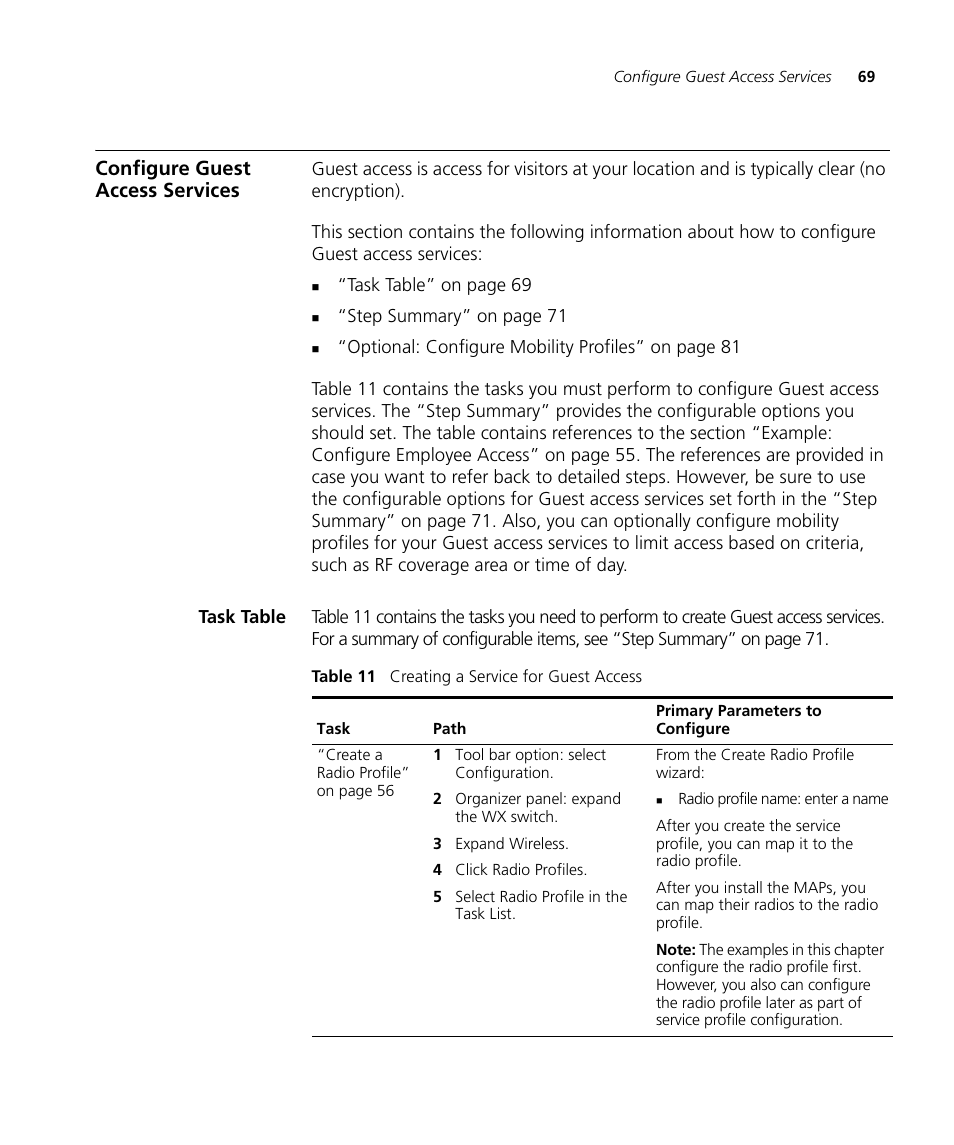 Configure guest access services, Task table | 3Com Wireless LAN Controller WX2200 User Manual | Page 69 / 204