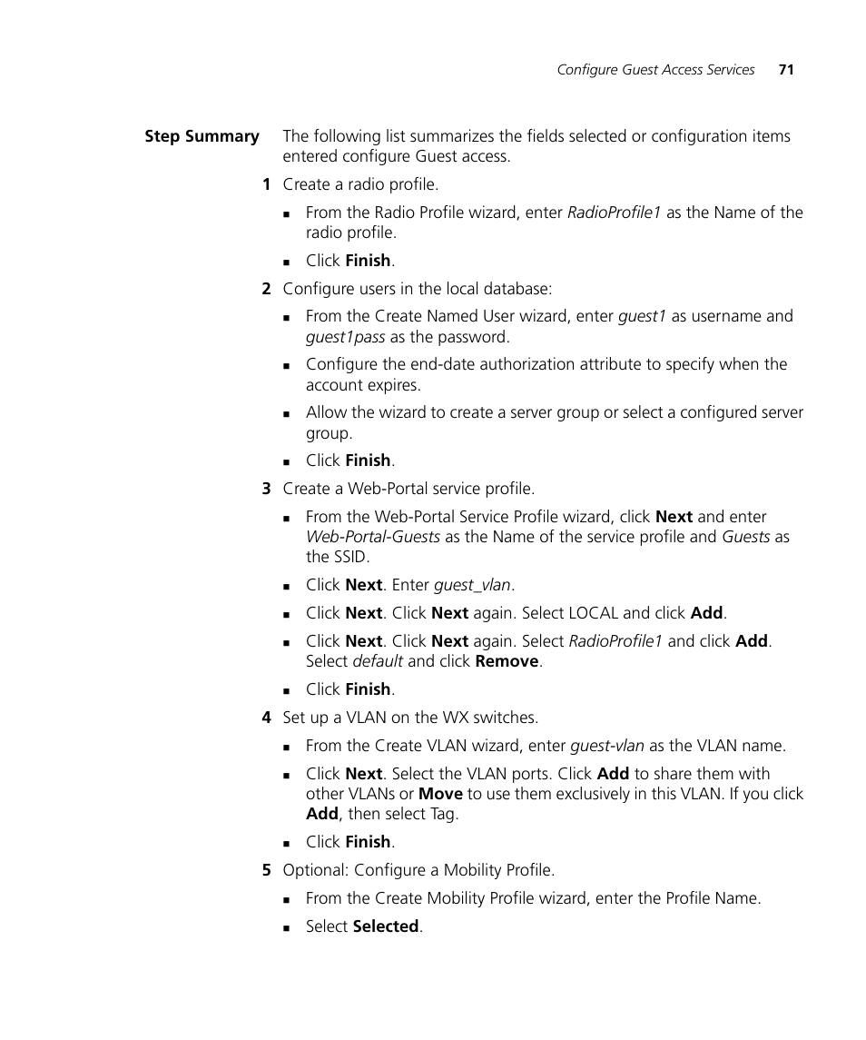 Step summary | 3Com Wireless LAN Controller WX2200 User Manual | Page 71 / 204