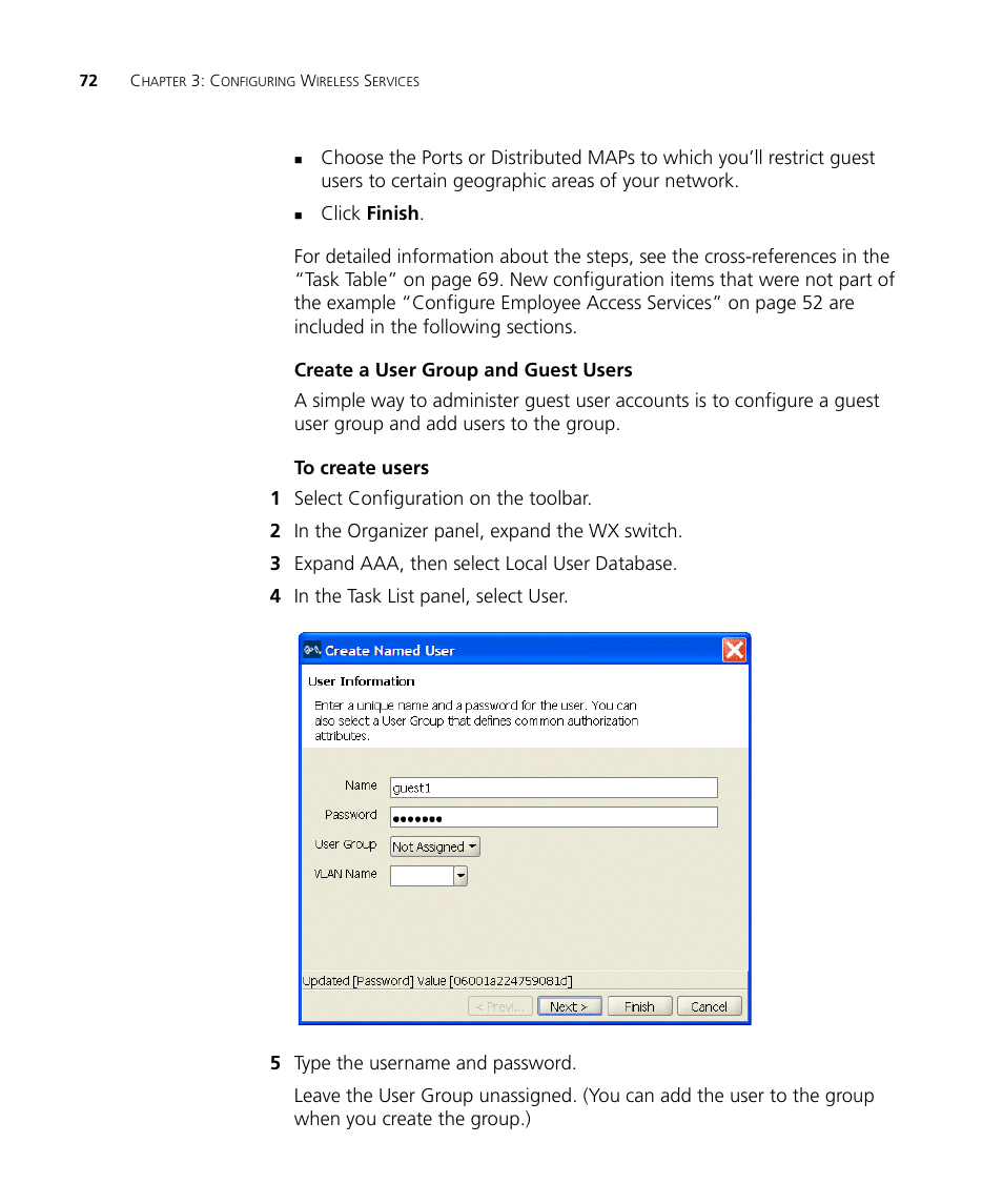 Create a user group and guest users, To create users | 3Com Wireless LAN Controller WX2200 User Manual | Page 72 / 204