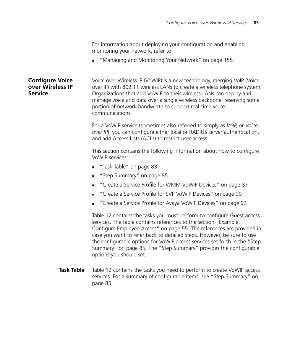 Configure voice over wireless ip service, Task table | 3Com Wireless LAN Controller WX2200 User Manual | Page 83 / 204