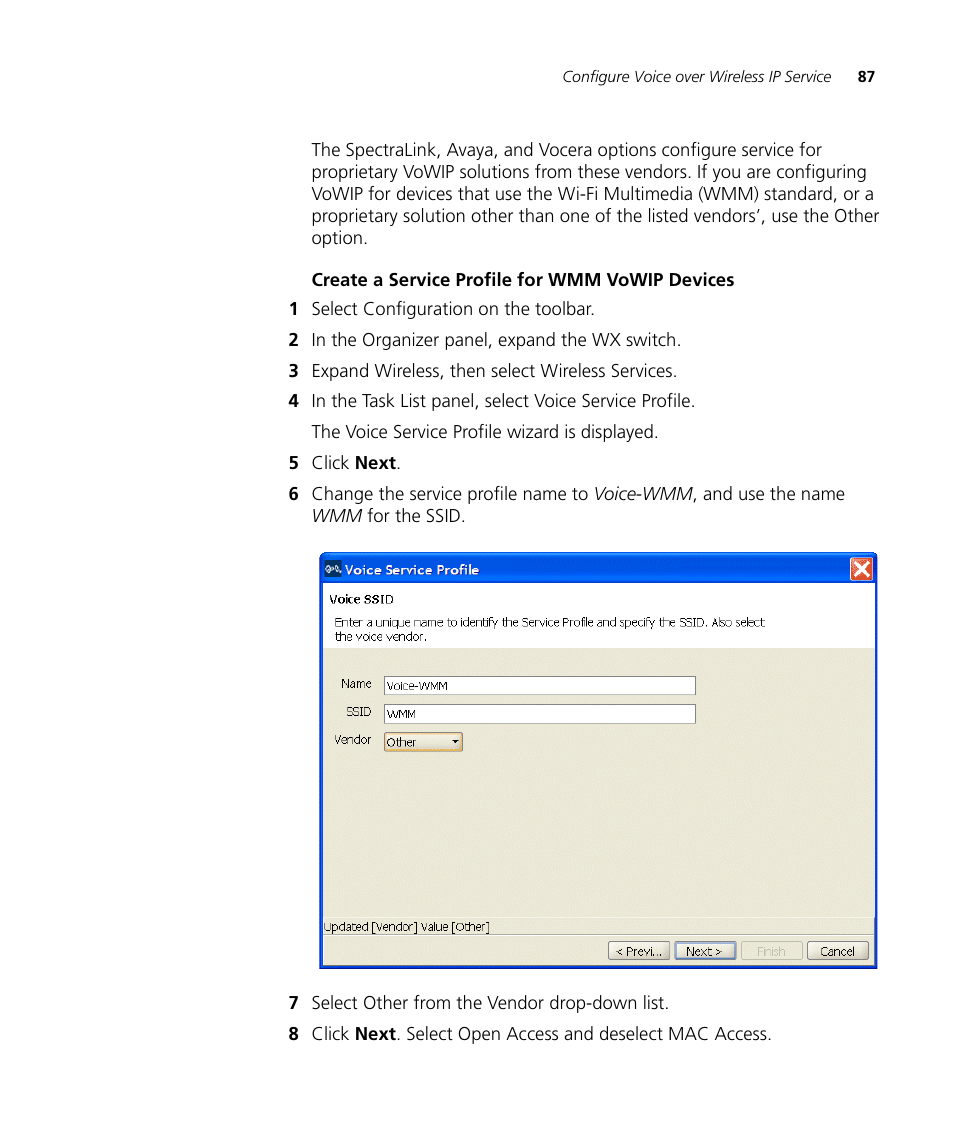 Create a service profile for wmm vowip devices | 3Com Wireless LAN Controller WX2200 User Manual | Page 87 / 204