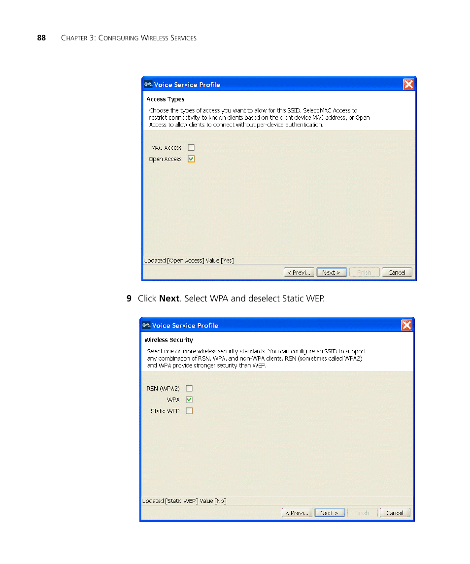 9 click next . select wpa and deselect static wep | 3Com Wireless LAN Controller WX2200 User Manual | Page 88 / 204