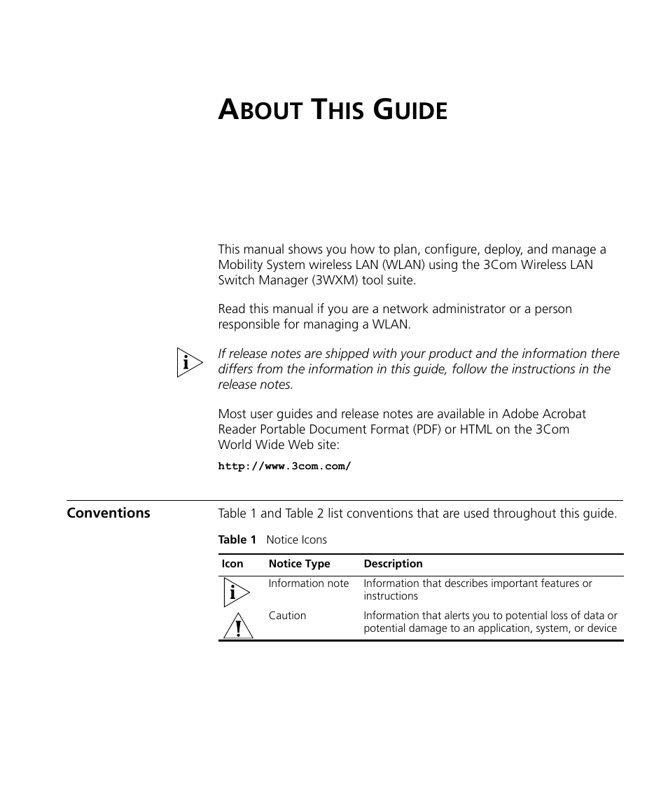 About this guide, Conventions, Bout | Uide | 3Com Wireless LAN Controller WX2200 User Manual | Page 9 / 204
