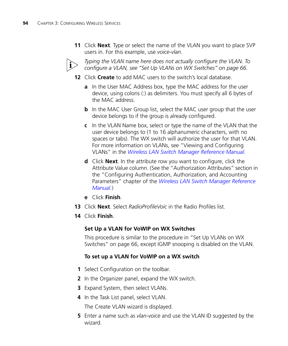 Set up a vlan for vowip on wx switches | 3Com Wireless LAN Controller WX2200 User Manual | Page 94 / 204