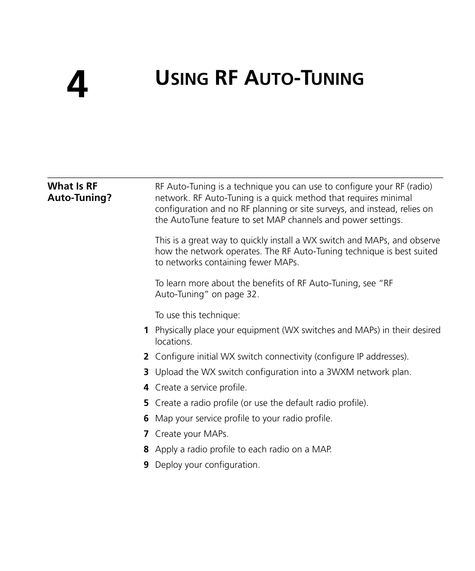 Using rf auto-tuning, What is rf auto-tuning, Sing | Rf a, Uning | 3Com Wireless LAN Controller WX2200 User Manual | Page 97 / 204