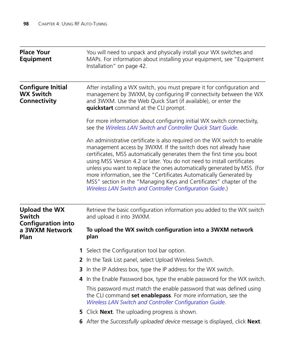 Place your equipment, Configure initial wx switch connectivity | 3Com Wireless LAN Controller WX2200 User Manual | Page 98 / 204
