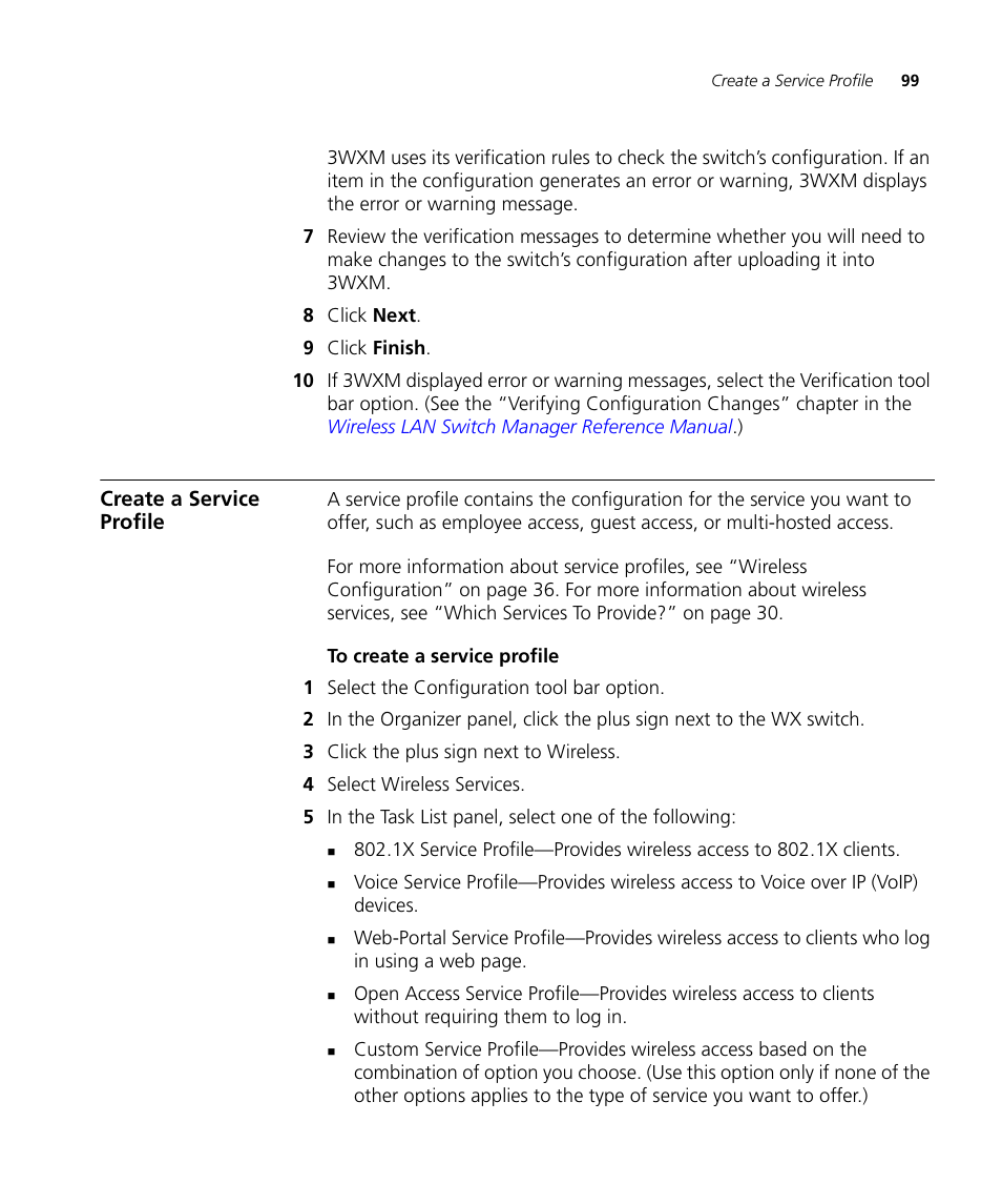 Create a service profile, To create a service profile | 3Com Wireless LAN Controller WX2200 User Manual | Page 99 / 204