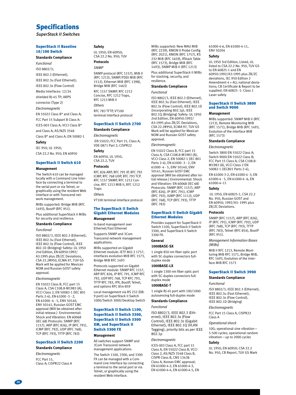 Specifications | 3Com Switches User Manual | Page 26 / 28