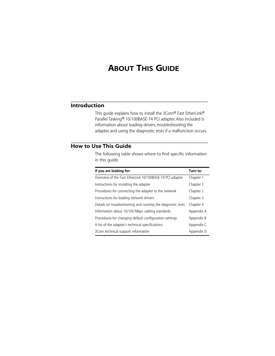 About this guide, Introduction, How to use this guide | Bout, Uide, Introduction 1, How to use this guide 1 | 3Com 10/100BASE-T4 PCI User Manual | Page 10 / 72