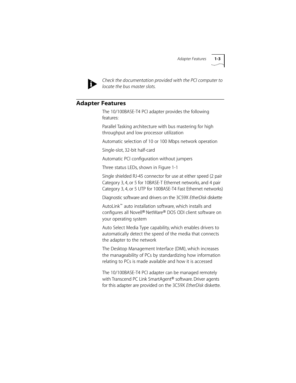 Adapter features, Adapter features 1-3 | 3Com 10/100BASE-T4 PCI User Manual | Page 14 / 72