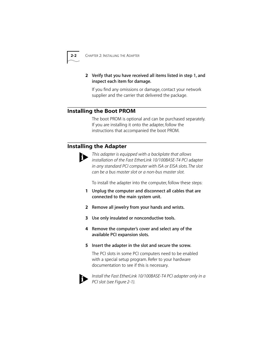 Installing the boot prom, Installing the adapter, Installing the boot prom 2-2 | Installing the adapter 2-2 | 3Com 10/100BASE-T4 PCI User Manual | Page 17 / 72