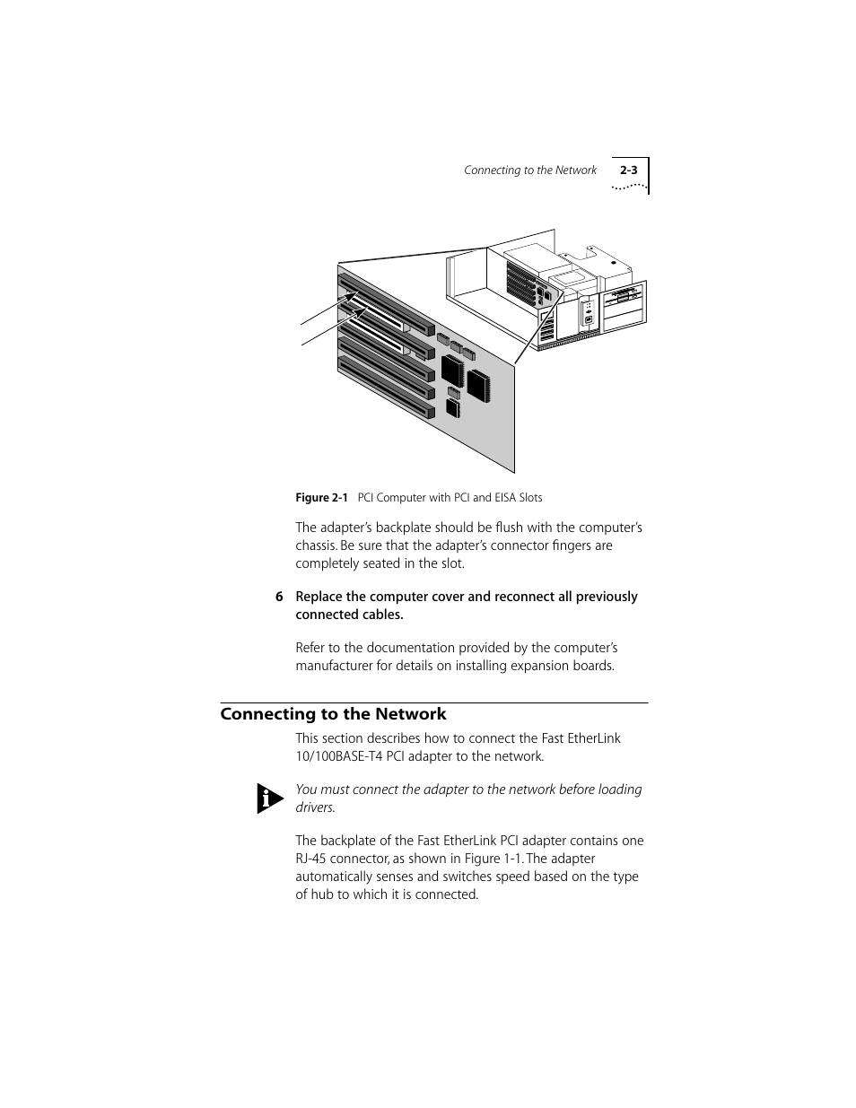 Connecting to the network, Connecting to the network 2-3 | 3Com 10/100BASE-T4 PCI User Manual | Page 18 / 72