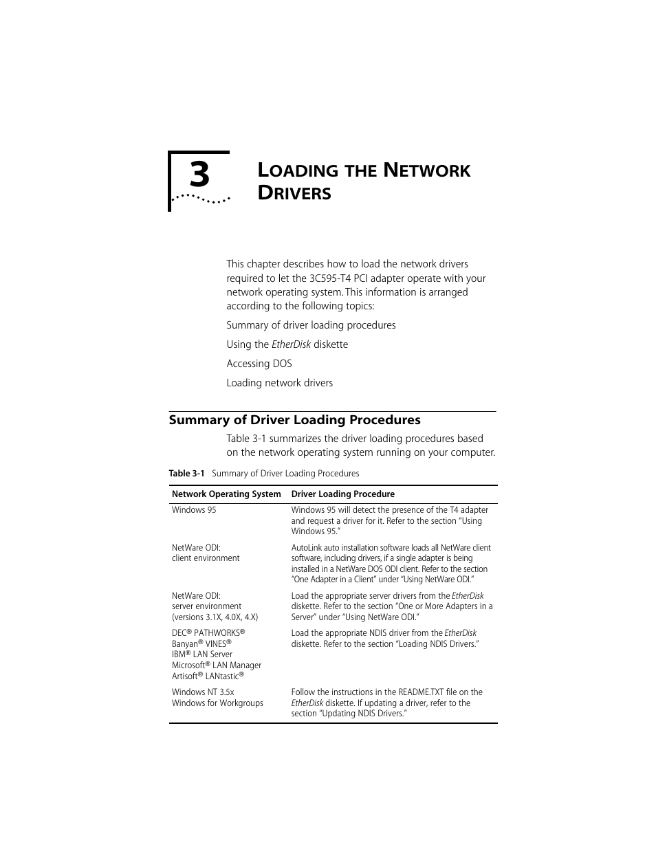 Loading the network drivers, Summary of driver loading procedures, Oading | Etwork, Rivers, Summary of driver loading procedures 3-1 | 3Com 10/100BASE-T4 PCI User Manual | Page 21 / 72