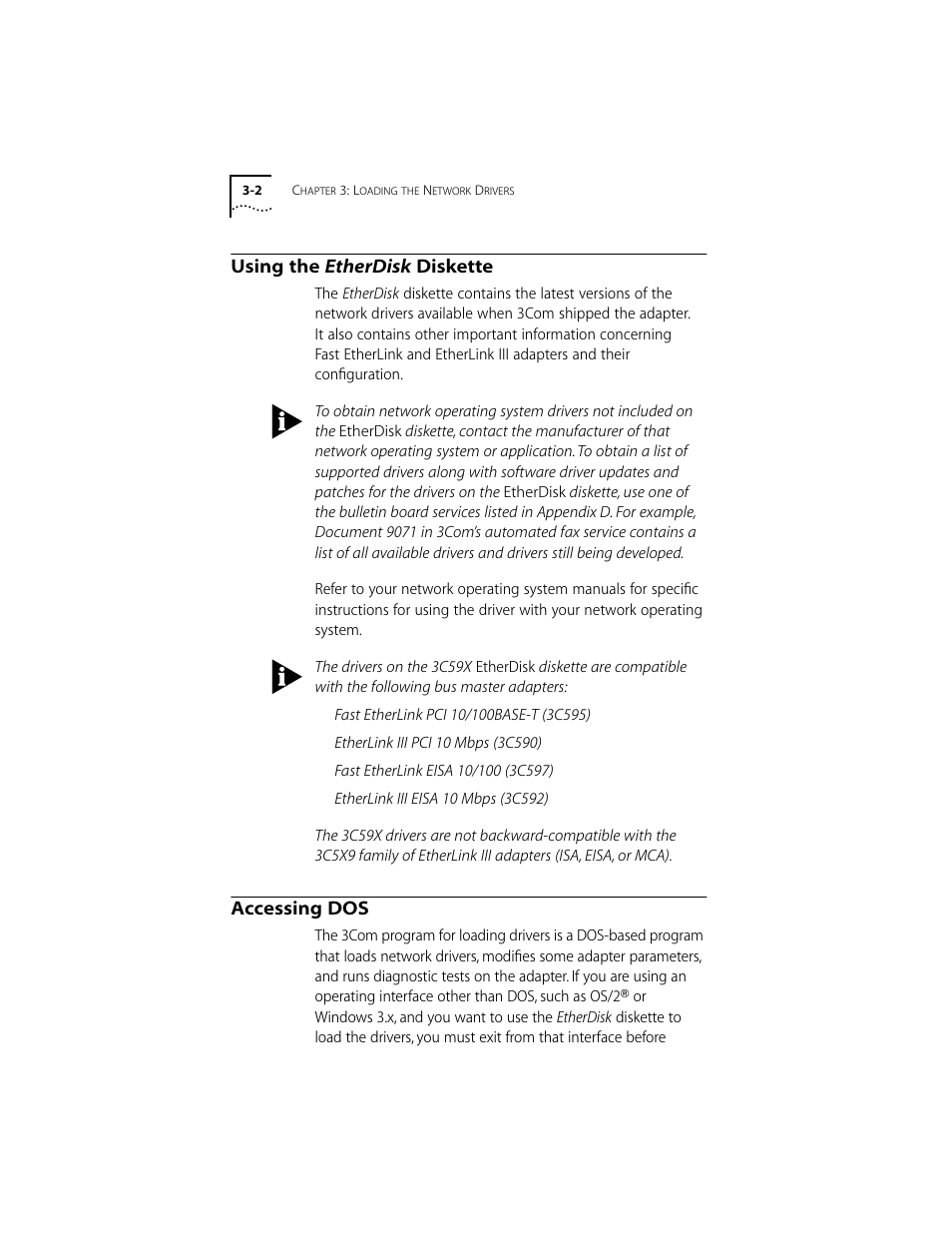 Using the etherdisk diskette, Accessing dos, Using the | Accessing dos 3-2 | 3Com 10/100BASE-T4 PCI User Manual | Page 22 / 72