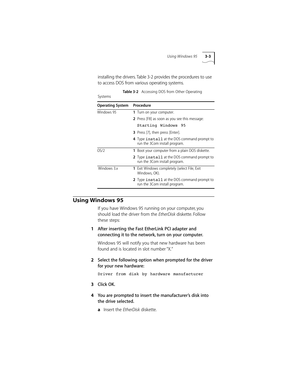 Using windows 95, Using windows 95 3-3 | 3Com 10/100BASE-T4 PCI User Manual | Page 23 / 72