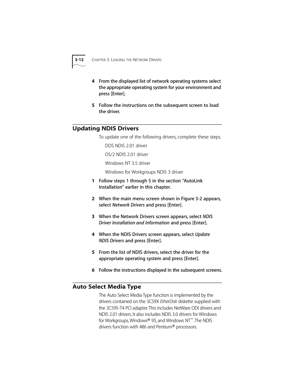 Updating ndis drivers, Auto select media type, Updating ndis drivers 3-12 | Auto select media type 3-12, Section “updating ndis drivers | 3Com 10/100BASE-T4 PCI User Manual | Page 32 / 72