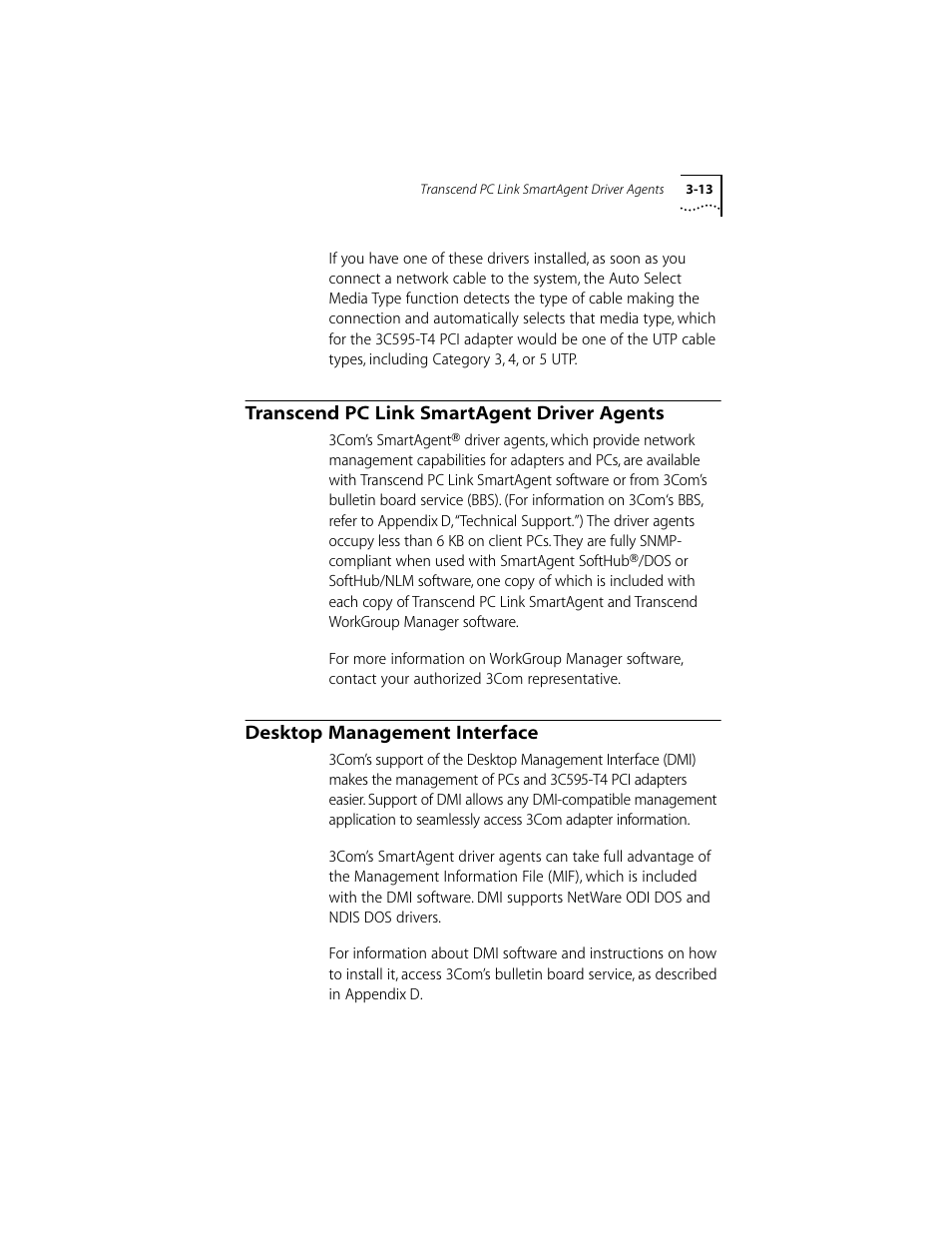 Transcend pc link smartagent driver agents, Desktop management interface, Transcend pc link smartagent driver agents 3-13 | Desktop management interface 3-13 | 3Com 10/100BASE-T4 PCI User Manual | Page 33 / 72