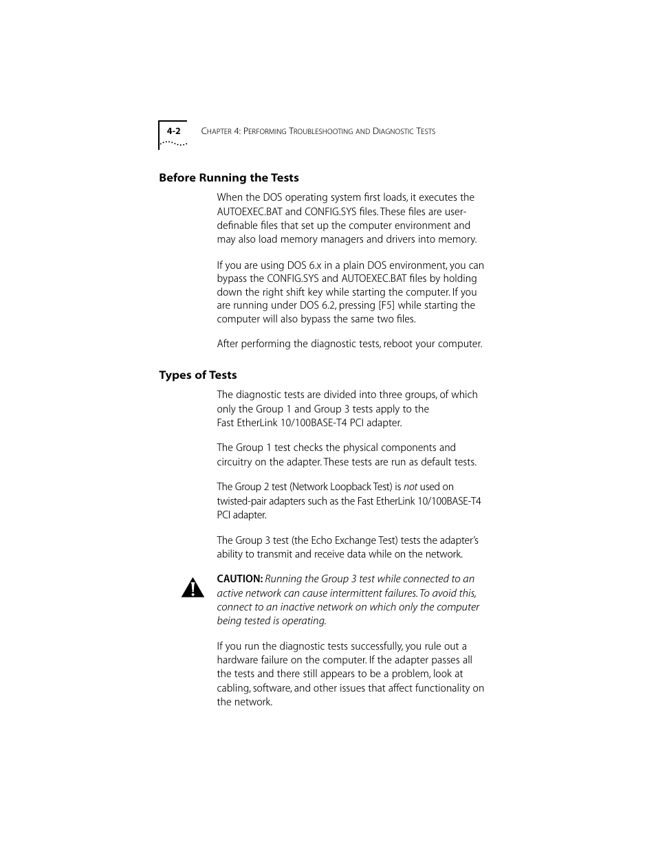 Before running the tests, Types of tests, Before running the tests 4-2 | Types of tests 4-2 | 3Com 10/100BASE-T4 PCI User Manual | Page 35 / 72