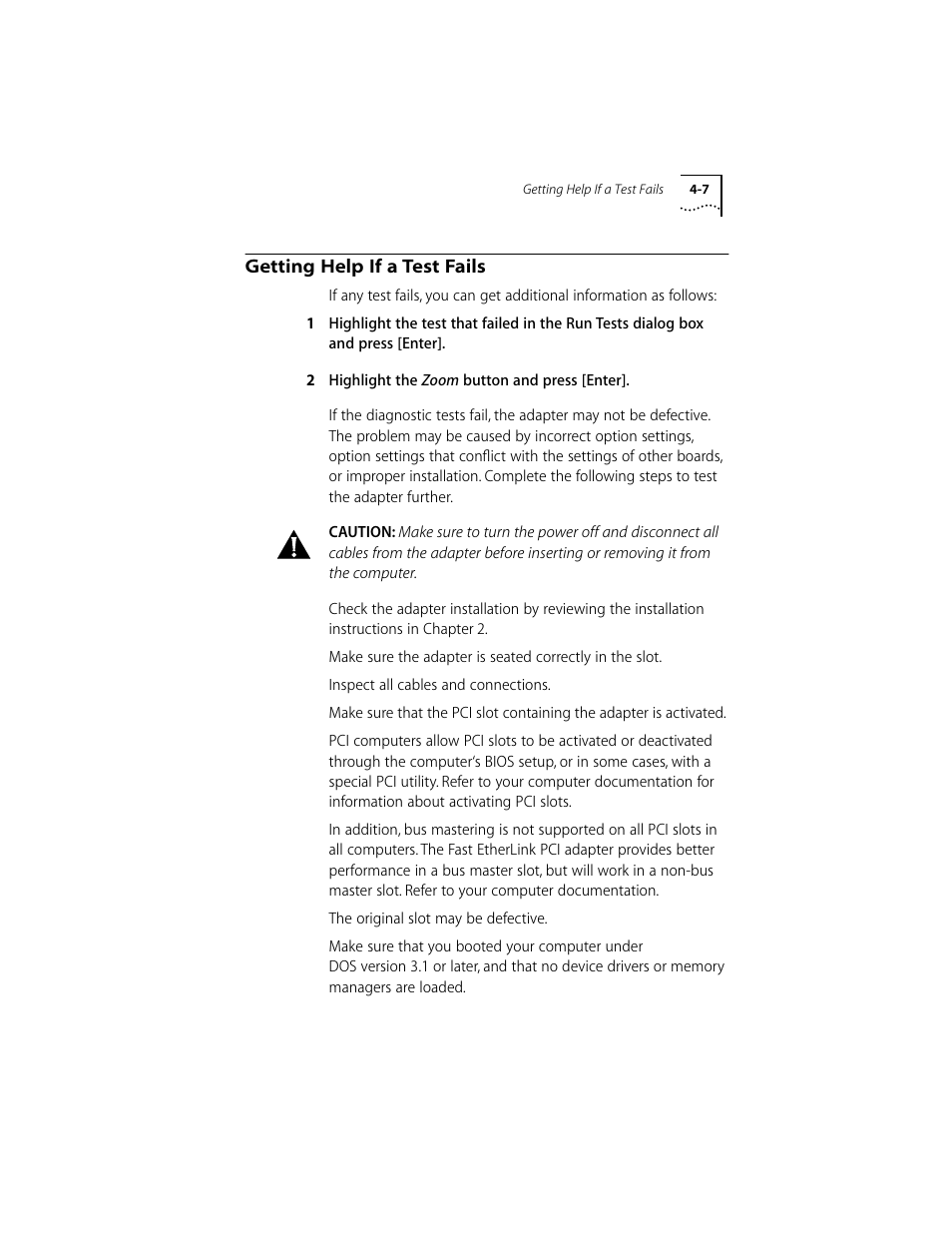 Getting help if a test fails, Getting help if a test fails 4-7 | 3Com 10/100BASE-T4 PCI User Manual | Page 40 / 72