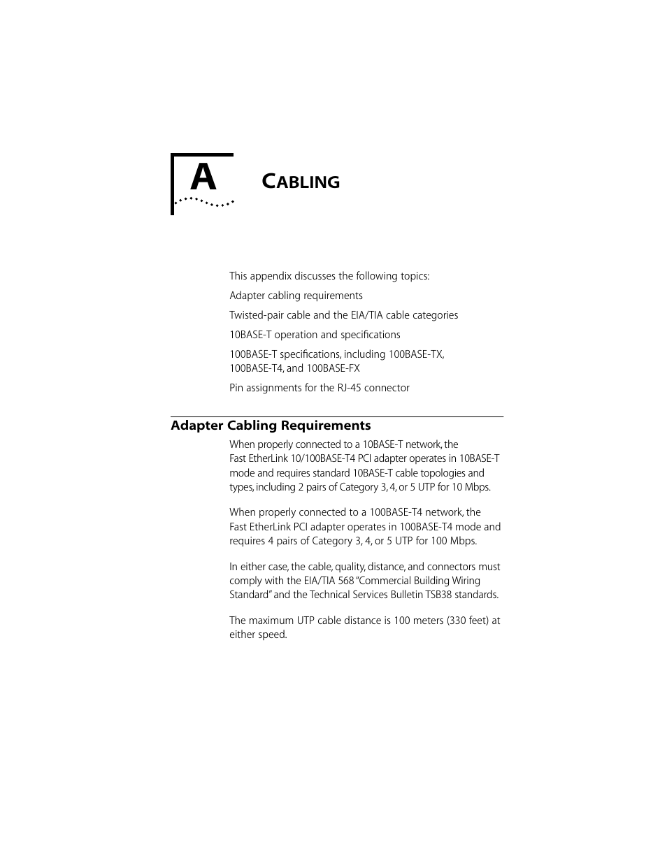 Cabling, Adapter cabling requirements, Abling | Adapter cabling requirements a-1 | 3Com 10/100BASE-T4 PCI User Manual | Page 44 / 72