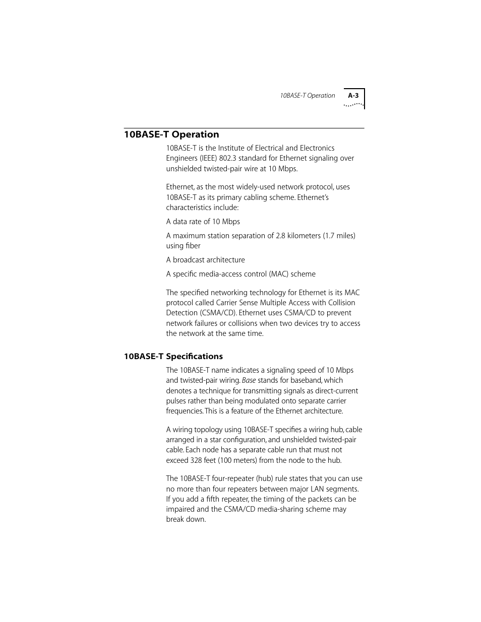 10base-t operation, 10base-t specifications, 10base-t operation a-3 | 10base-t specifications a-3 | 3Com 10/100BASE-T4 PCI User Manual | Page 46 / 72